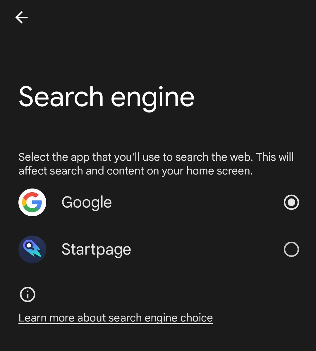 Apps available within Home Screen Search Settings